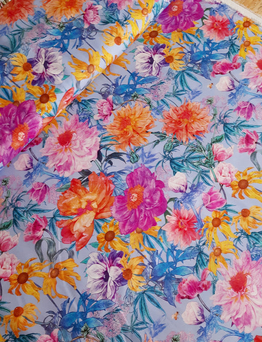 Margo on Sky Blue by FIGO 100% Rayon Challis - Per ¼ Metre (£18/m)